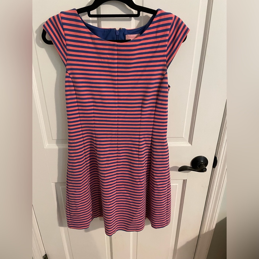 Lilly Pulitzer woman’s pink and blue, cap sleeve, stripe, fully lined dress M